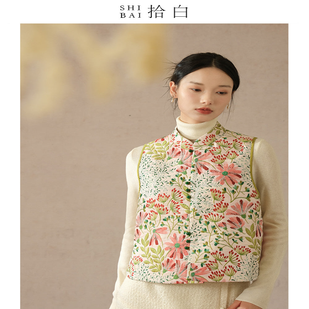 SHIBAI picks up white flowers clusters of brocade new Chinese jacquard vest original Chinese style women s clothing Zen inspired improved top image 2