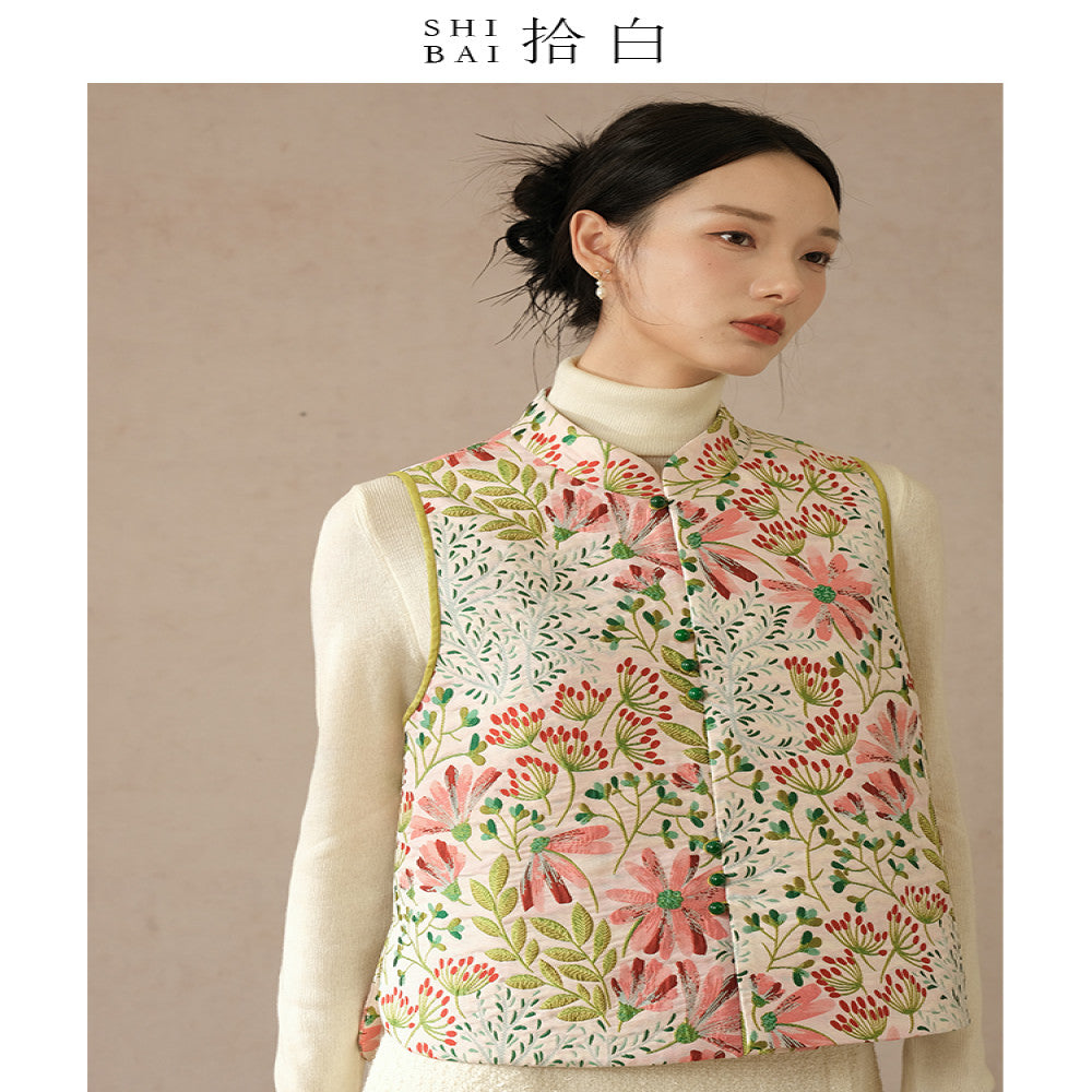 SHIBAI picks up white flowers clusters of brocade new Chinese jacquard vest original Chinese style women s clothing Zen inspired improved top image 3