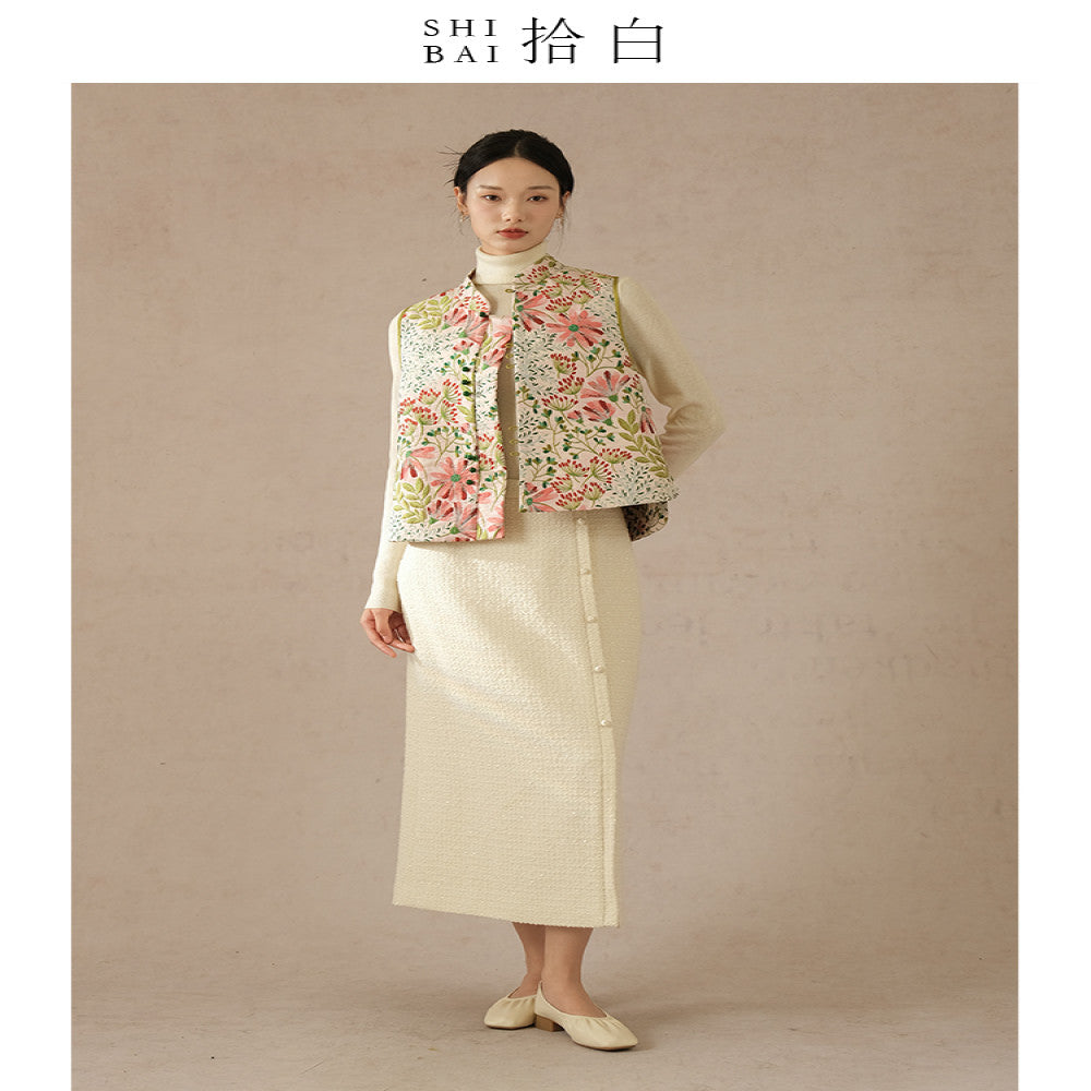 SHIBAI picks up white flowers clusters of brocade new Chinese jacquard vest original Chinese style women s clothing Zen inspired improved top image 5