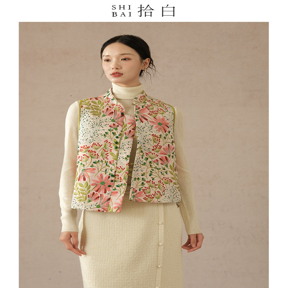 SHIBAI picks up white flowers clusters of brocade new Chinese jacquard vest original Chinese style women s clothing Zen inspired improved top image 6