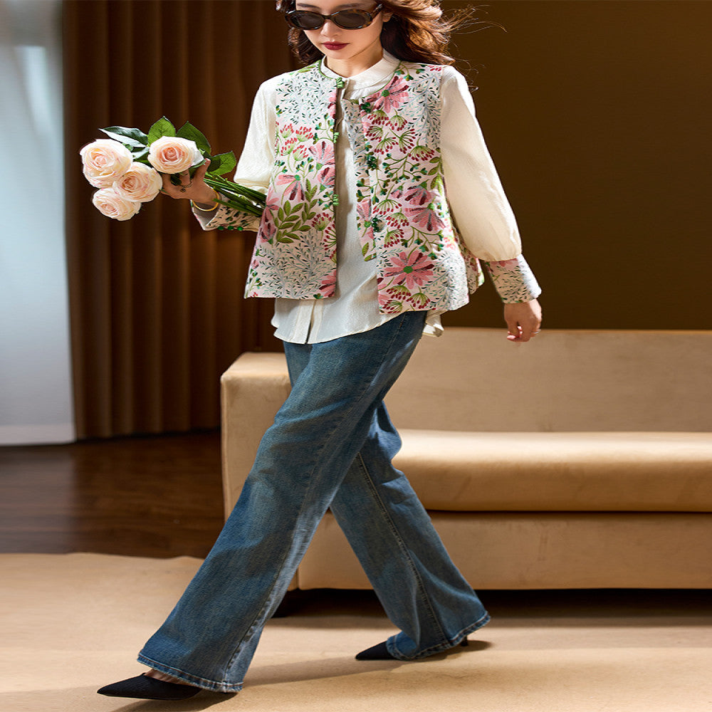 Plain wood retro jacquard spliced chiffon shirt for women s early autumn 2025 new plus size shirt European style women s clothing image 4