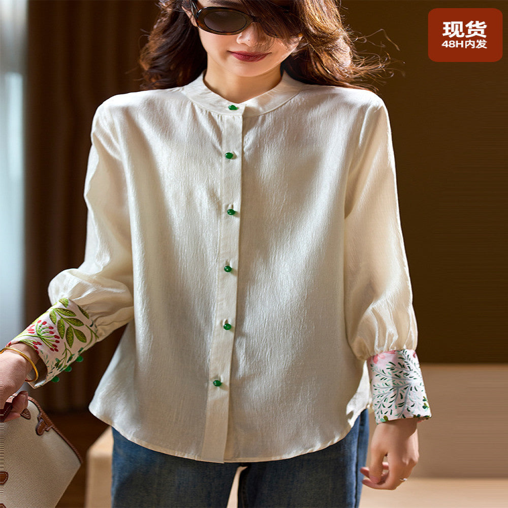 Plain wood retro jacquard spliced chiffon shirt for women s early autumn 2025 new plus size shirt European style women s clothing image 0