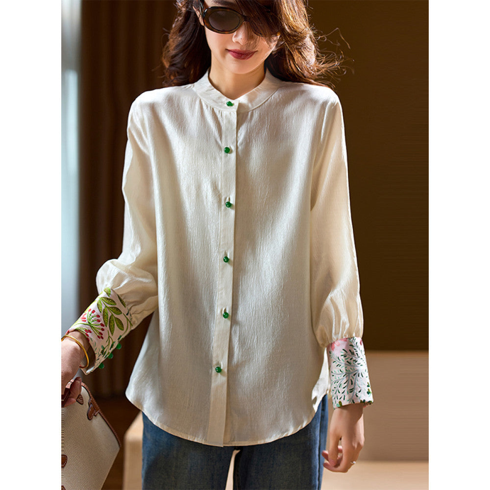 Plain wood retro jacquard spliced chiffon shirt for women s early autumn 2025 new plus size shirt European style women s clothing image 7