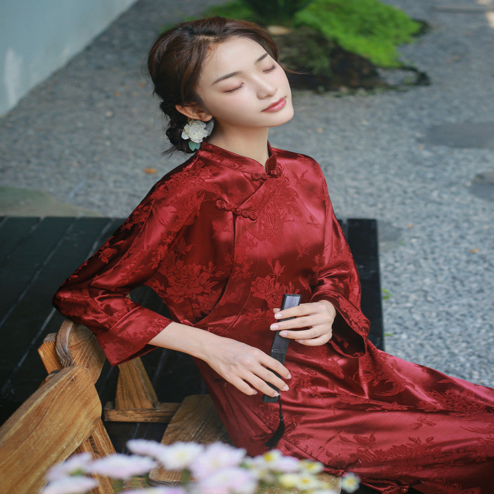 Acetic acid satin high end cheongsam can be worn for engagement dresses new Chinese style dresses women s temperament tea dresses and skirts image 1