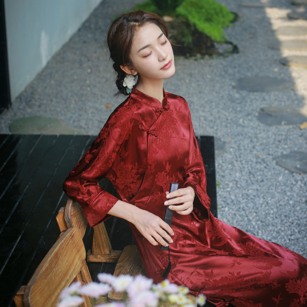Acetic acid satin high end cheongsam can be worn for engagement dresses new Chinese style dresses women s temperament tea dresses and skirts image 12