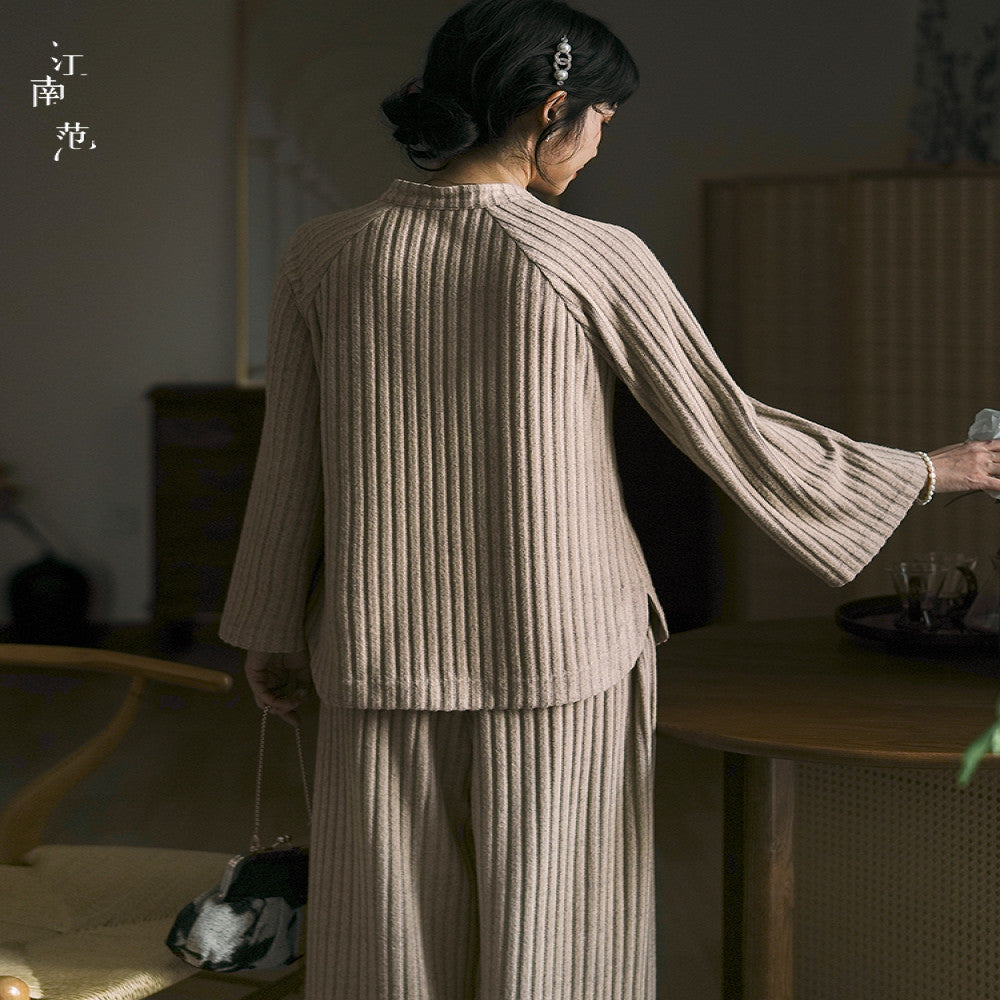 Jiangnan style new Chinese style vertical stripe knitted improved Tang style top 2024 autumn diagonal collar retro young style versatile image 4