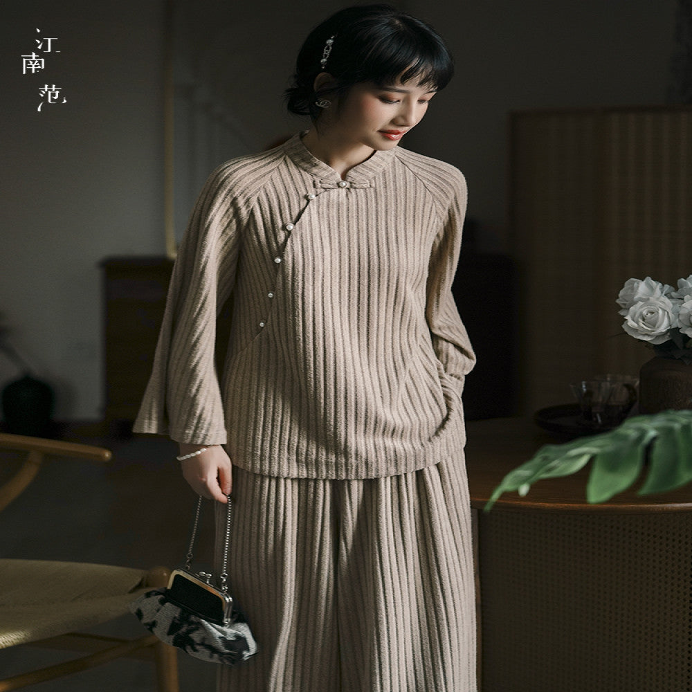 Jiangnan style new Chinese style vertical stripe knitted improved Tang style top 2024 autumn diagonal collar retro young style versatile image 0