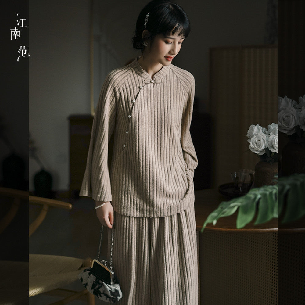 Jiangnan style new Chinese style vertical stripe knitted improved Tang style top 2024 autumn diagonal collar retro young style versatile image 9