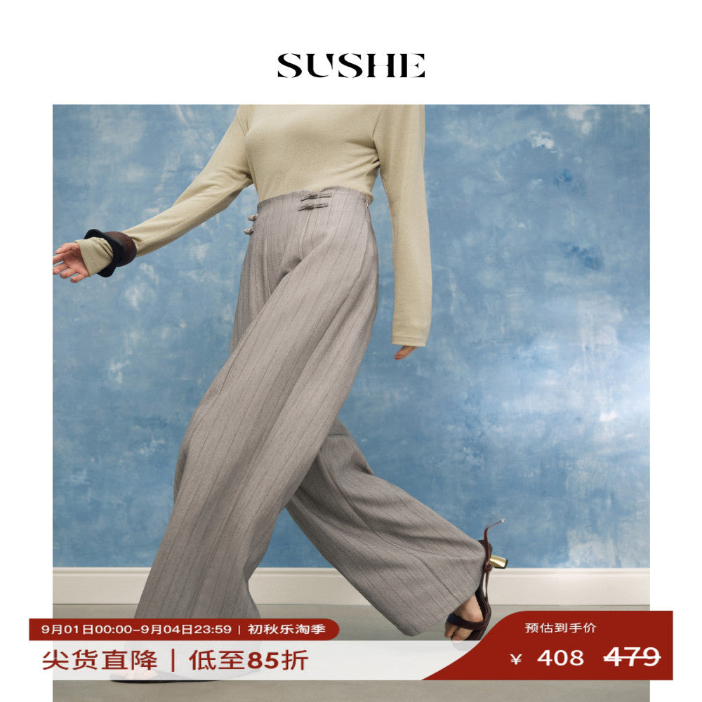 Shuxi SUSHE bamboo fresh Chinese striped waist buckle straight leg suit pants wide leg straight leg pants for women summer image 1