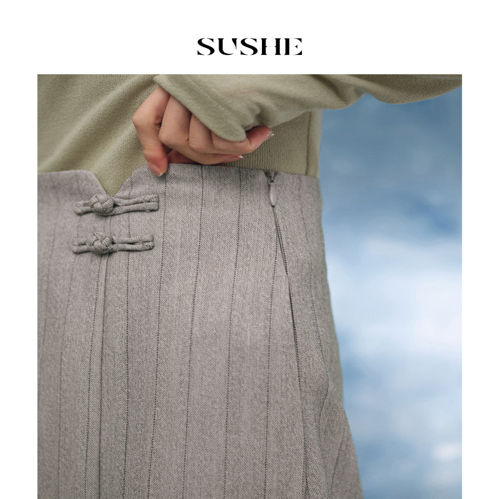 Shuxi SUSHE bamboo fresh Chinese striped waist buckle straight leg suit pants wide leg straight leg pants for women summer image 2