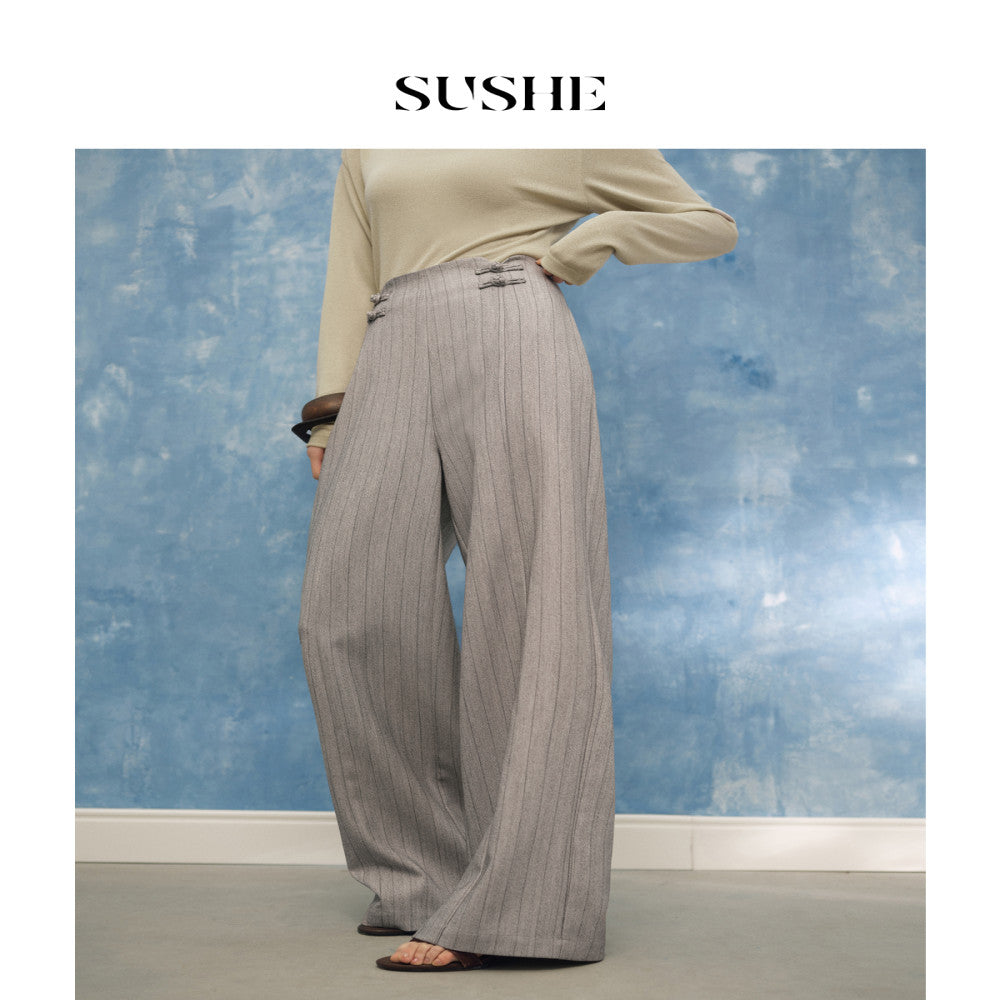 Shuxi SUSHE bamboo fresh Chinese striped waist buckle straight leg suit pants wide leg straight leg pants for women summer image 3