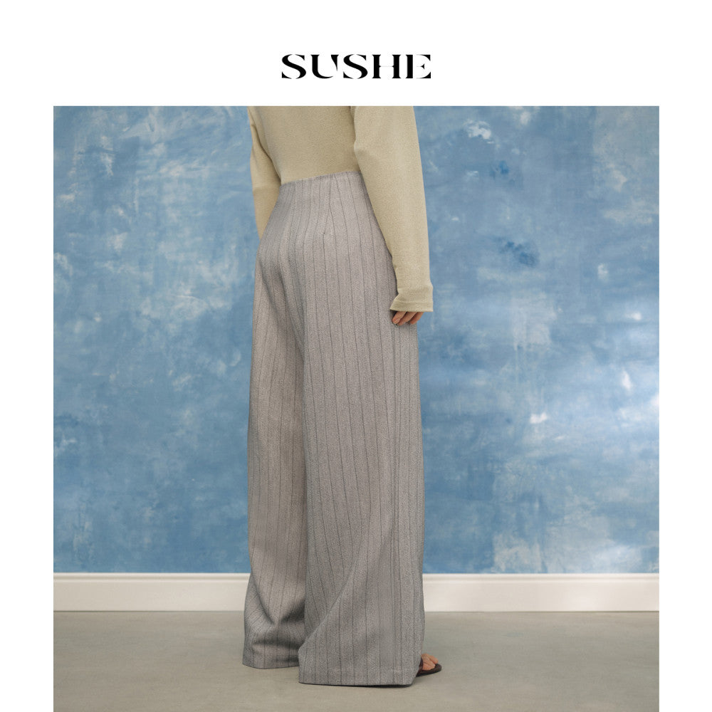 Shuxi SUSHE bamboo fresh Chinese striped waist buckle straight leg suit pants wide leg straight leg pants for women summer image 4
