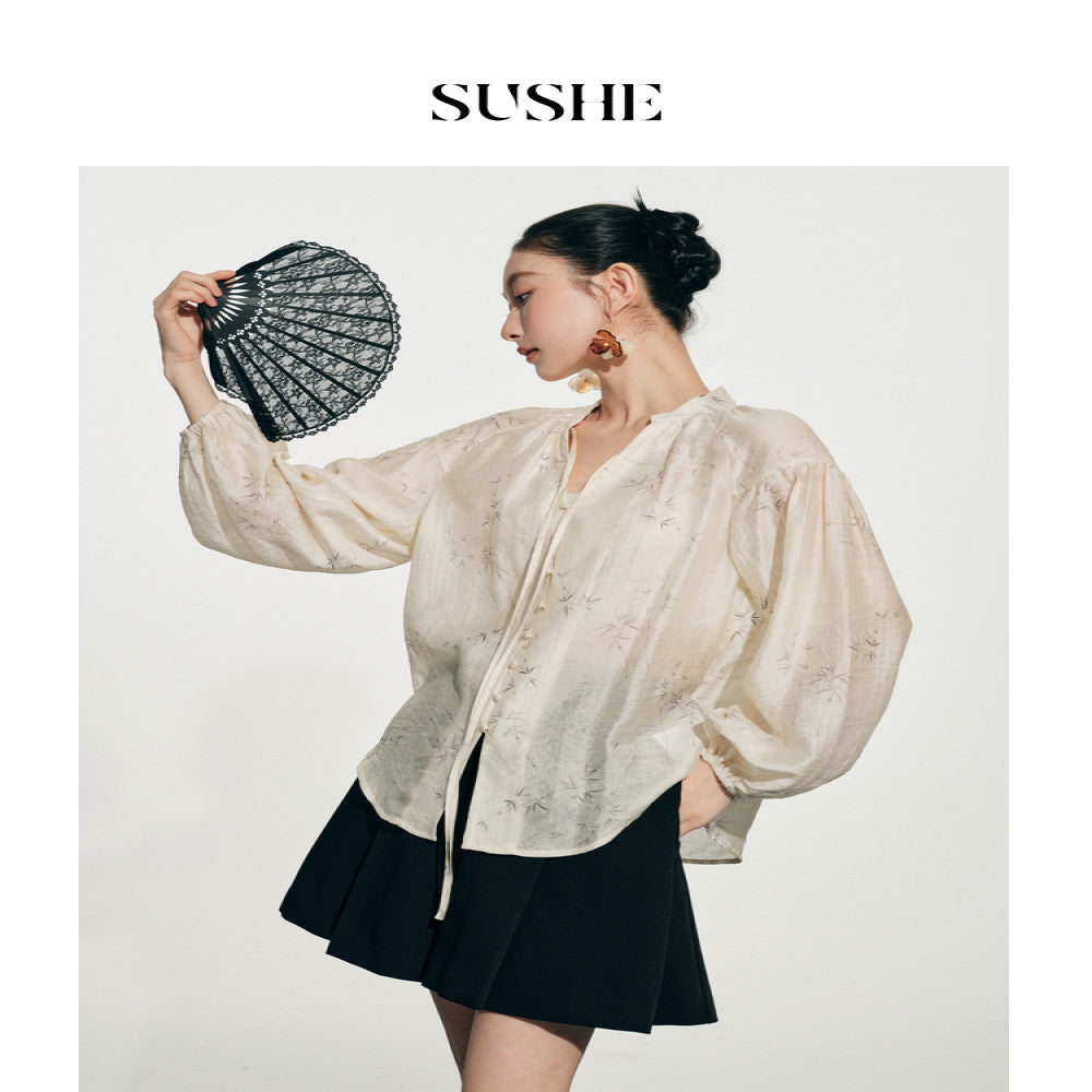 Shuxi SUSHE 2025 Autumn New Top Women s New Chinese Elegant Jacquard Elegant Lace up Small V neck Shirt image 2