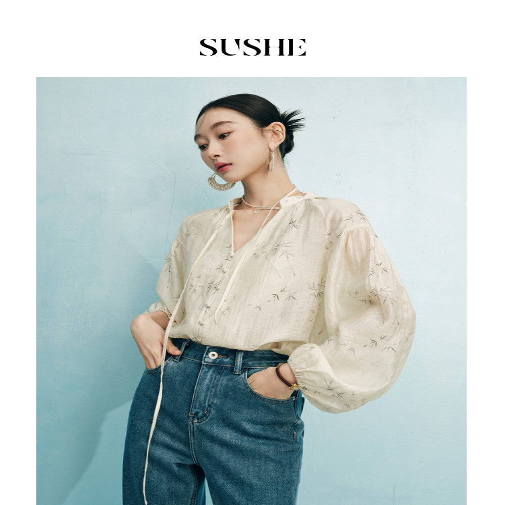 Shuxi SUSHE 2025 Autumn New Top Women s New Chinese Elegant Jacquard Elegant Lace up Small V neck Shirt image 4