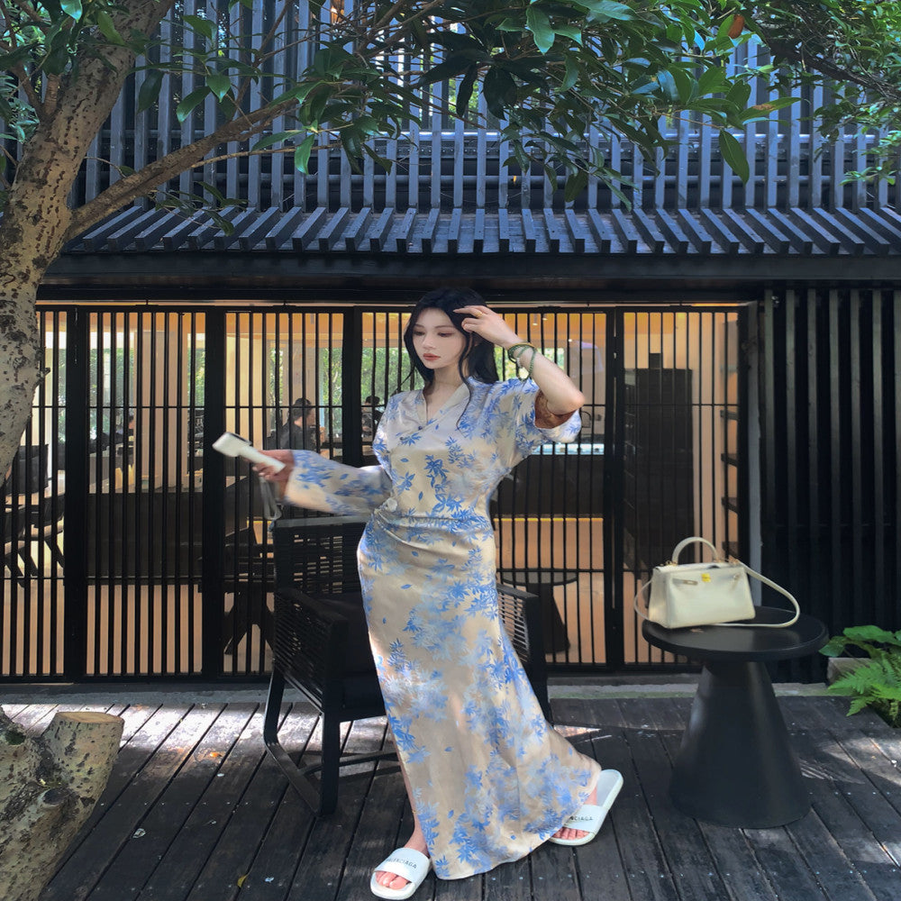 MOSS STUDIO Blue and White Ink Charm New Chinese Style Summer Silk Jacquard Cross breasted Cheongsam Dress for Women image 3