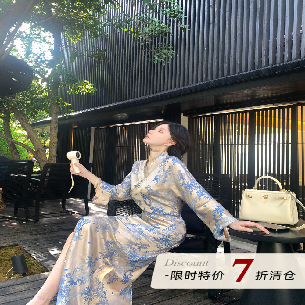 MOSS STUDIO Blue and White Ink Charm New Chinese Style Summer Silk Jacquard Cross breasted Cheongsam Dress for Women image 0