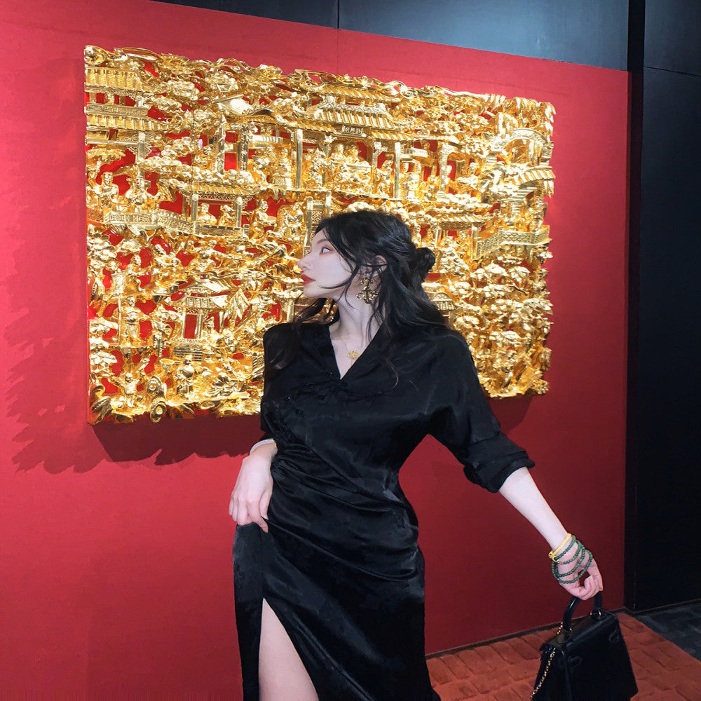 MOSS STUDIO Blue and White Ink Charm New Chinese Style Summer Silk Jacquard Cross breasted Cheongsam Dress for Women image 11