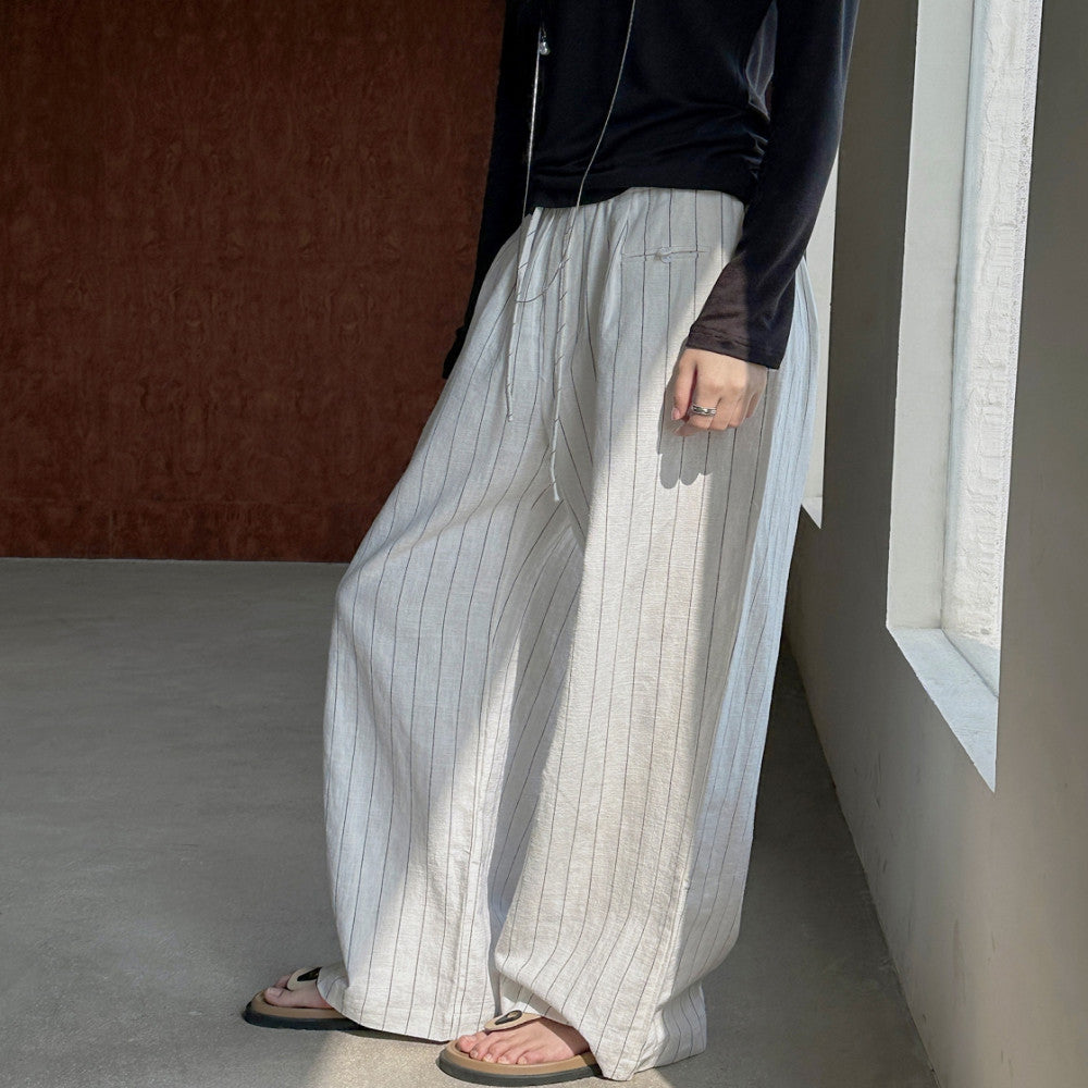 EAMODE Designer s Color Contrasting Vertical Pattern Elastic Waist Strap Linen Wide Leg Pants Women s Loose Casual Cotton Hemp Pants image 2