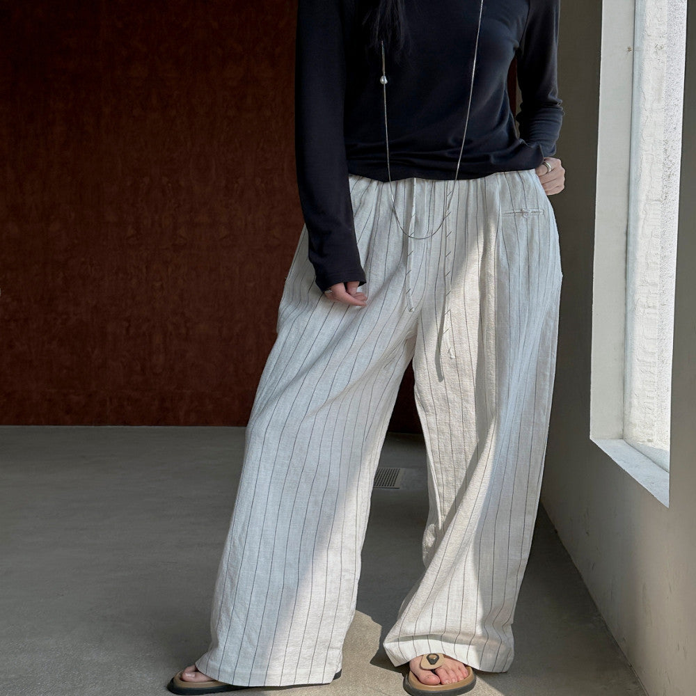 EAMODE Designer s Color Contrasting Vertical Pattern Elastic Waist Strap Linen Wide Leg Pants Women s Loose Casual Cotton Hemp Pants image 3