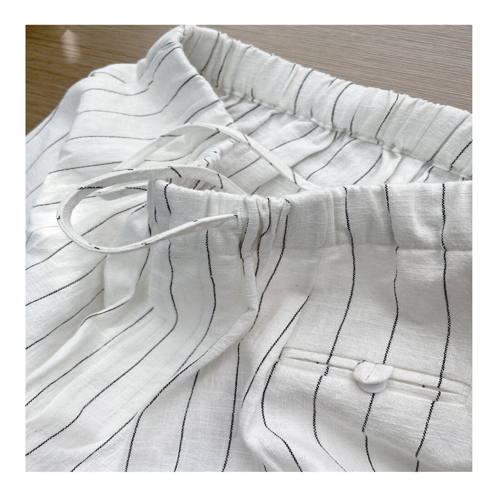 EAMODE Designer s Color Contrasting Vertical Pattern Elastic Waist Strap Linen Wide Leg Pants Women s Loose Casual Cotton Hemp Pants image 4