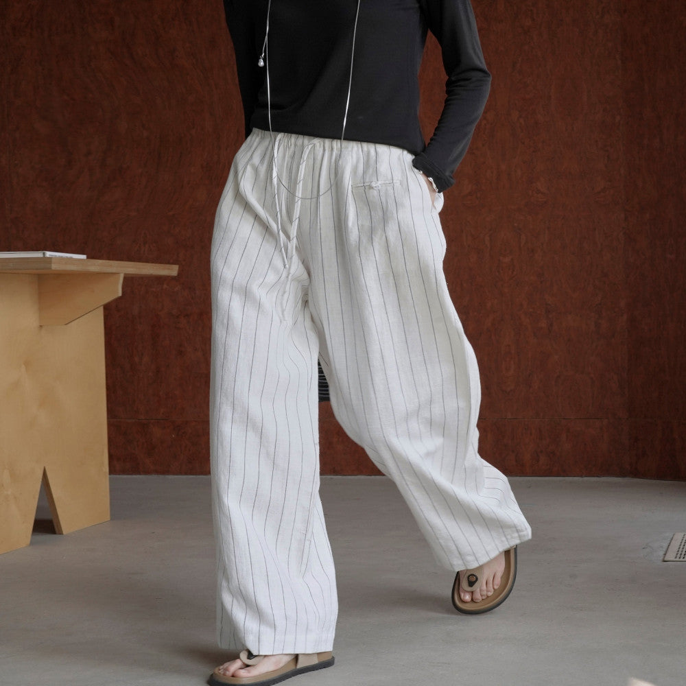 EAMODE Designer s Color Contrasting Vertical Pattern Elastic Waist Strap Linen Wide Leg Pants Women s Loose Casual Cotton Hemp Pants image 5