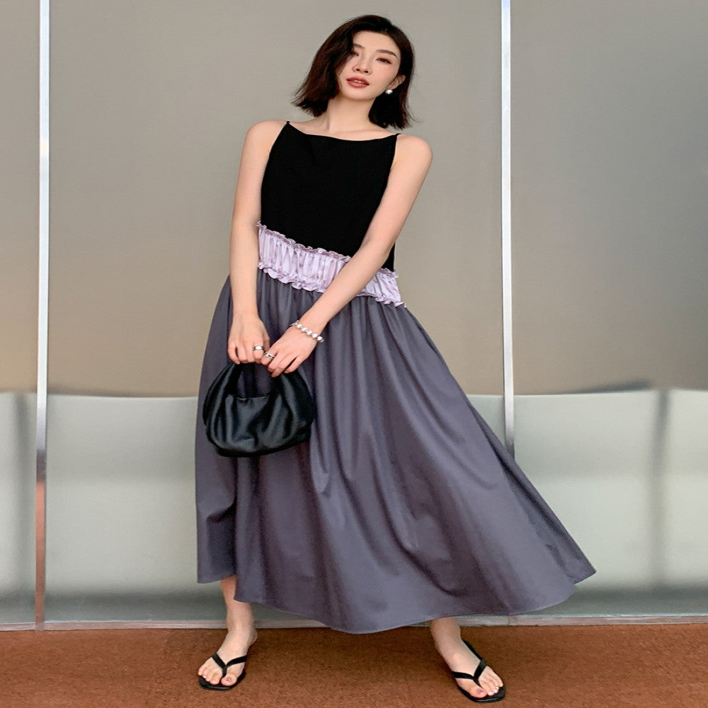 Color blocking patchwork dress for women s summer new design with slim shoulder straps dark rock gray slimming long skirt suspender dress image 0
