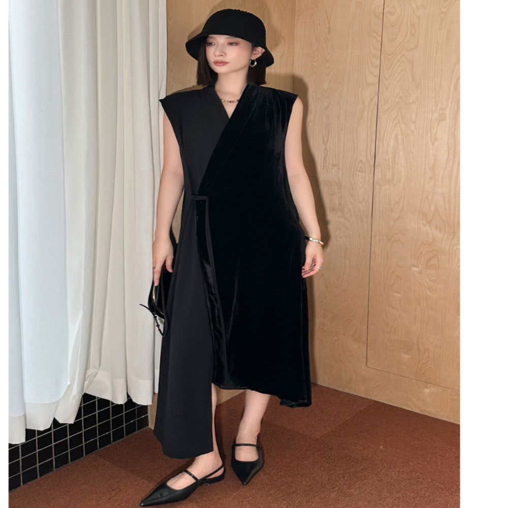 EAMODE niche design silk velvet patchwork one button sleeveless dress minimalist vest dress with a vest style image 2