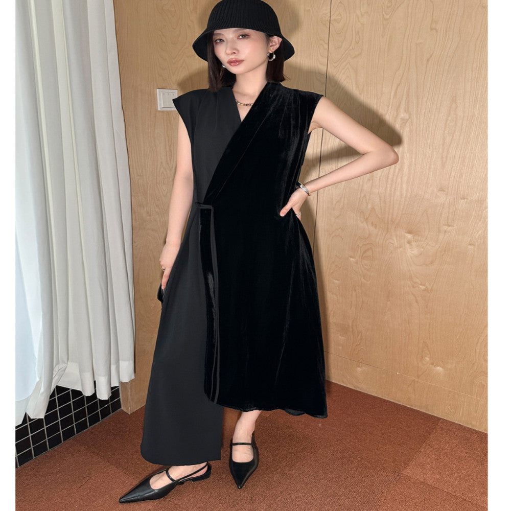 EAMODE niche design silk velvet patchwork one button sleeveless dress minimalist vest dress with a vest style image 3