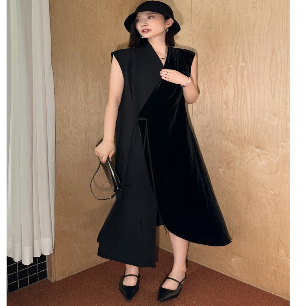 EAMODE niche design silk velvet patchwork one button sleeveless dress minimalist vest dress with a vest style image 4