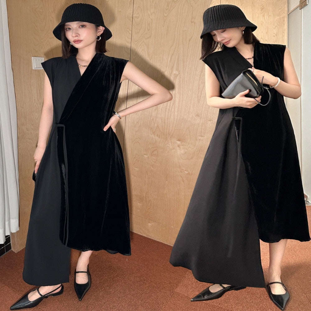 EAMODE niche design silk velvet patchwork one button sleeveless dress minimalist vest dress with a vest style image 5