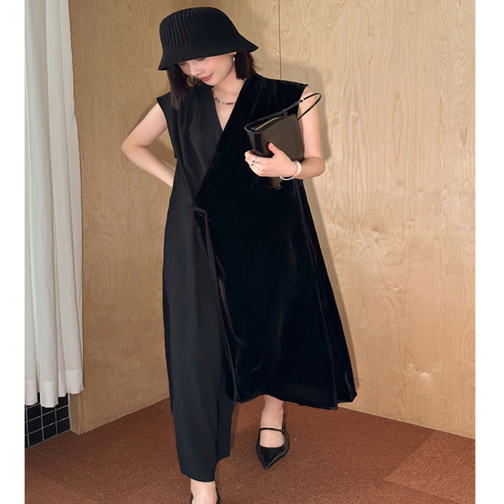 EAMODE niche design silk velvet patchwork one button sleeveless dress minimalist vest dress with a vest style image 0