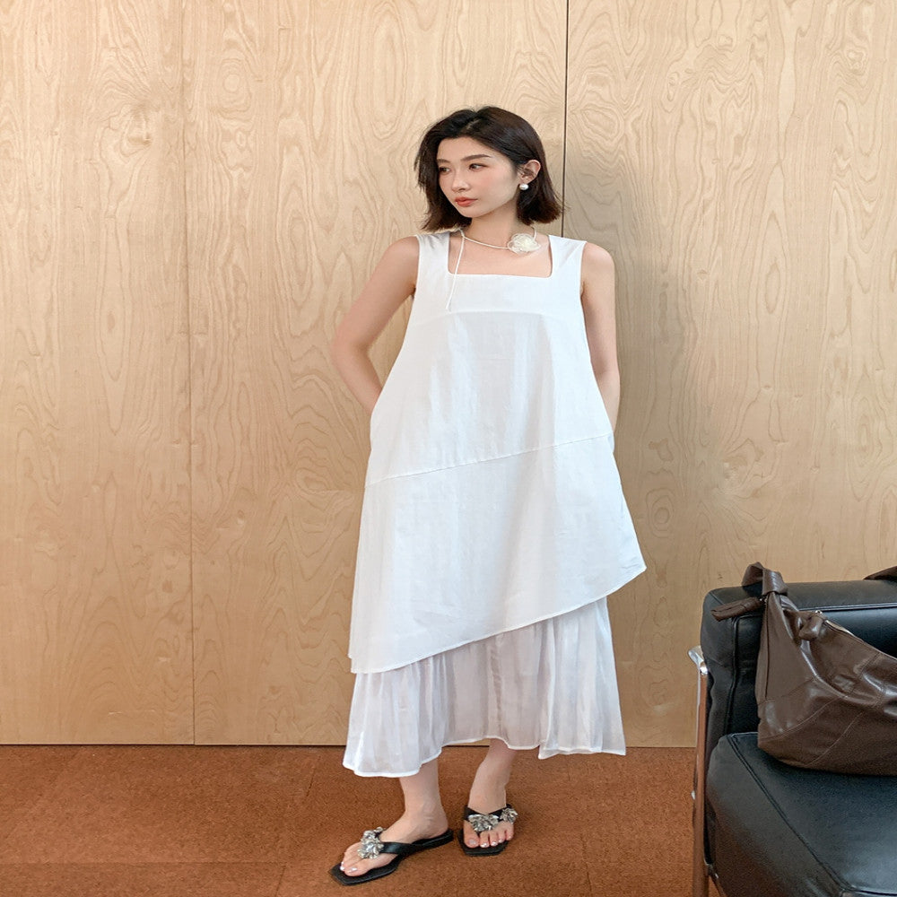 EAMODE French luxury irregular hem patchwork vest dress white fake two piece patchwork long skirt image 0