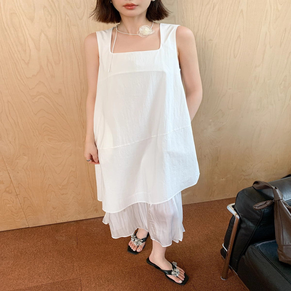 EAMODE French luxury irregular hem patchwork vest dress white fake two piece patchwork long skirt image 11