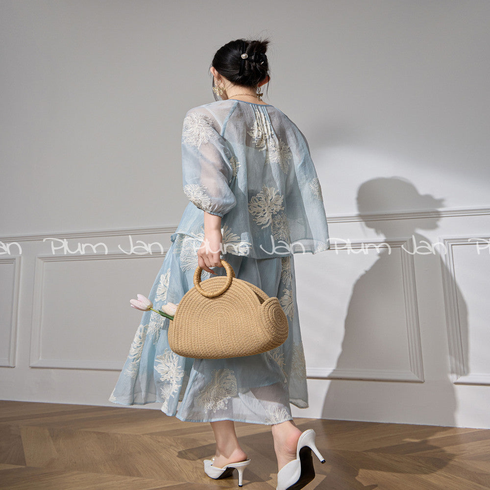 Plum Jan Korean high end fashion outfit sun protection suit dress 2025 new women s summer blue embroidered top image 4