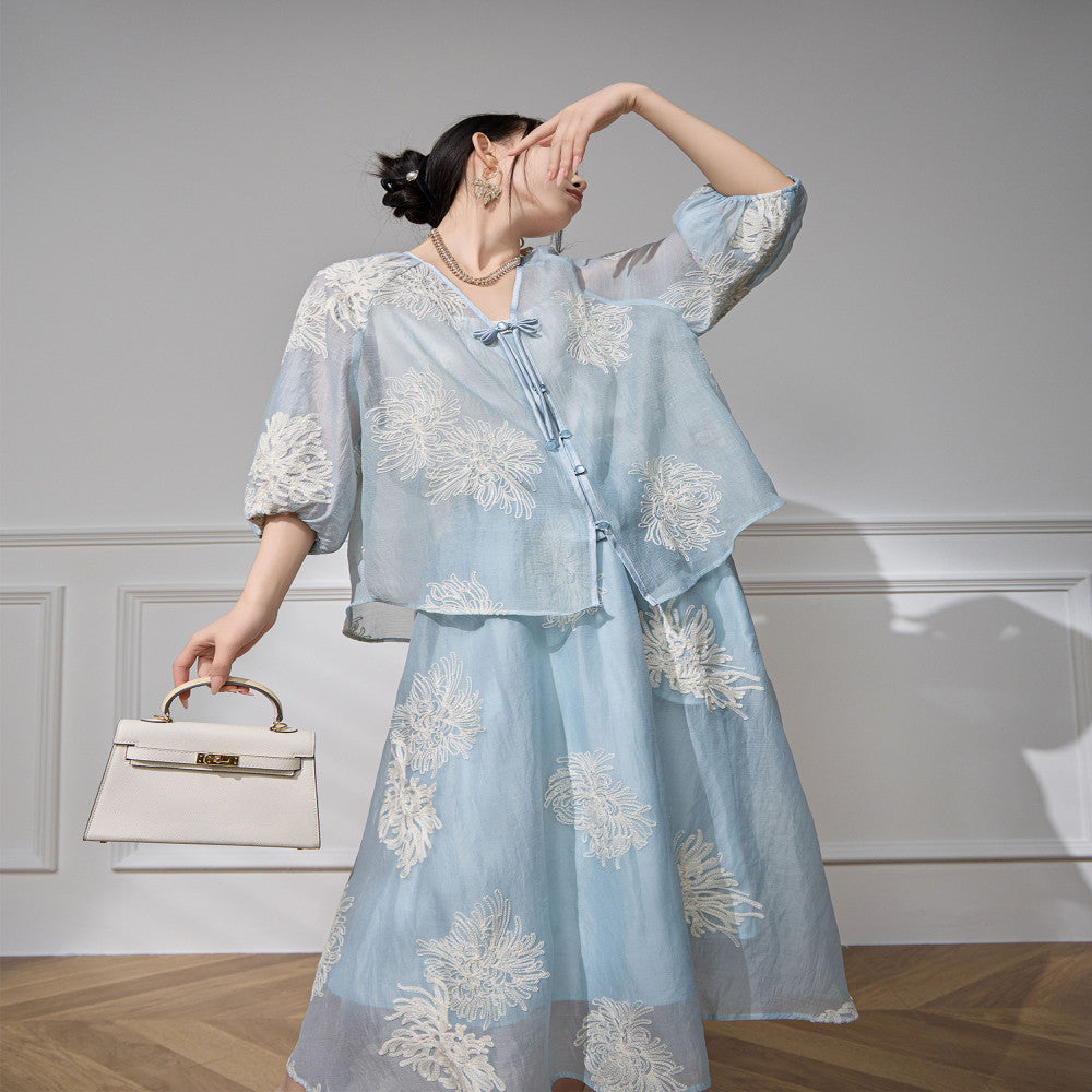 Plum Jan Korean high end fashion outfit sun protection suit dress 2025 new women s summer blue embroidered top image 5