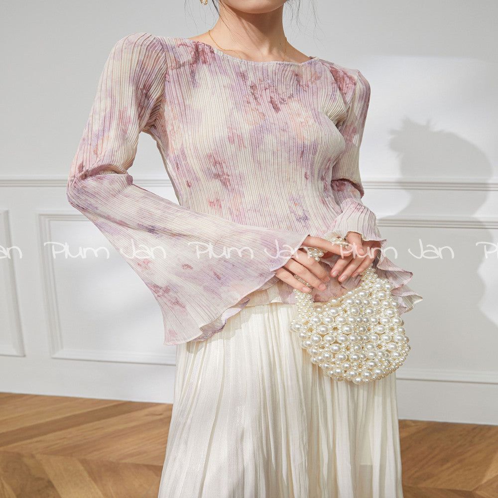 Plum Jan flared sleeve shirt women s summer new style small fresh long sleeved top slim fit French style exquisite small shirt image 3