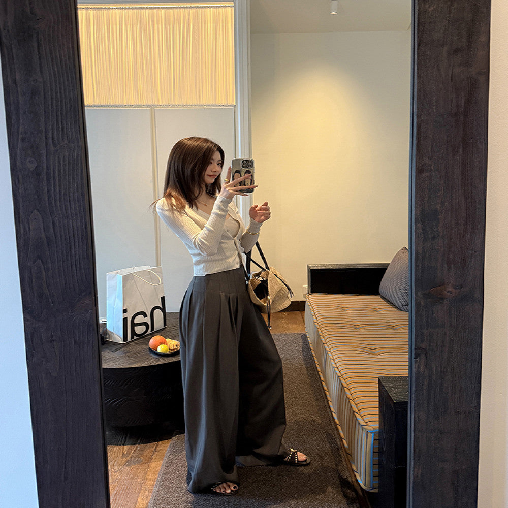 ADA MISS Drop Anti Wrinkle Straightening Fishbone Shaped Waist Casual Pants with Wide Legs and High Waist for Women s Autumn New Style image 4