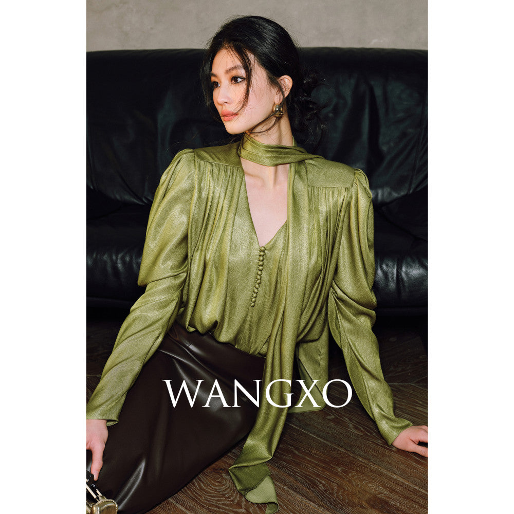 WANGXO Satin Shiny Silk Adornment Renaissance Art Sheepsleep Sleeves with Soft V neck Ribbon Shirt image 7