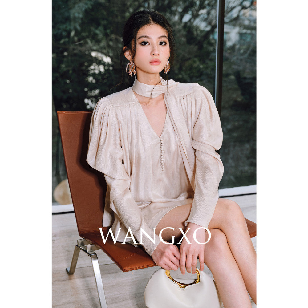 WANGXO Satin Shiny Silk Adornment Renaissance Art Sheepsleep Sleeves with Soft V neck Ribbon Shirt image 14