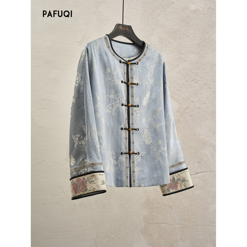 Gentle and elegant new Chinese style plate embroidery top blue satin plate buckle jacket high end Chinese style women s clothing 2025 new style image 6