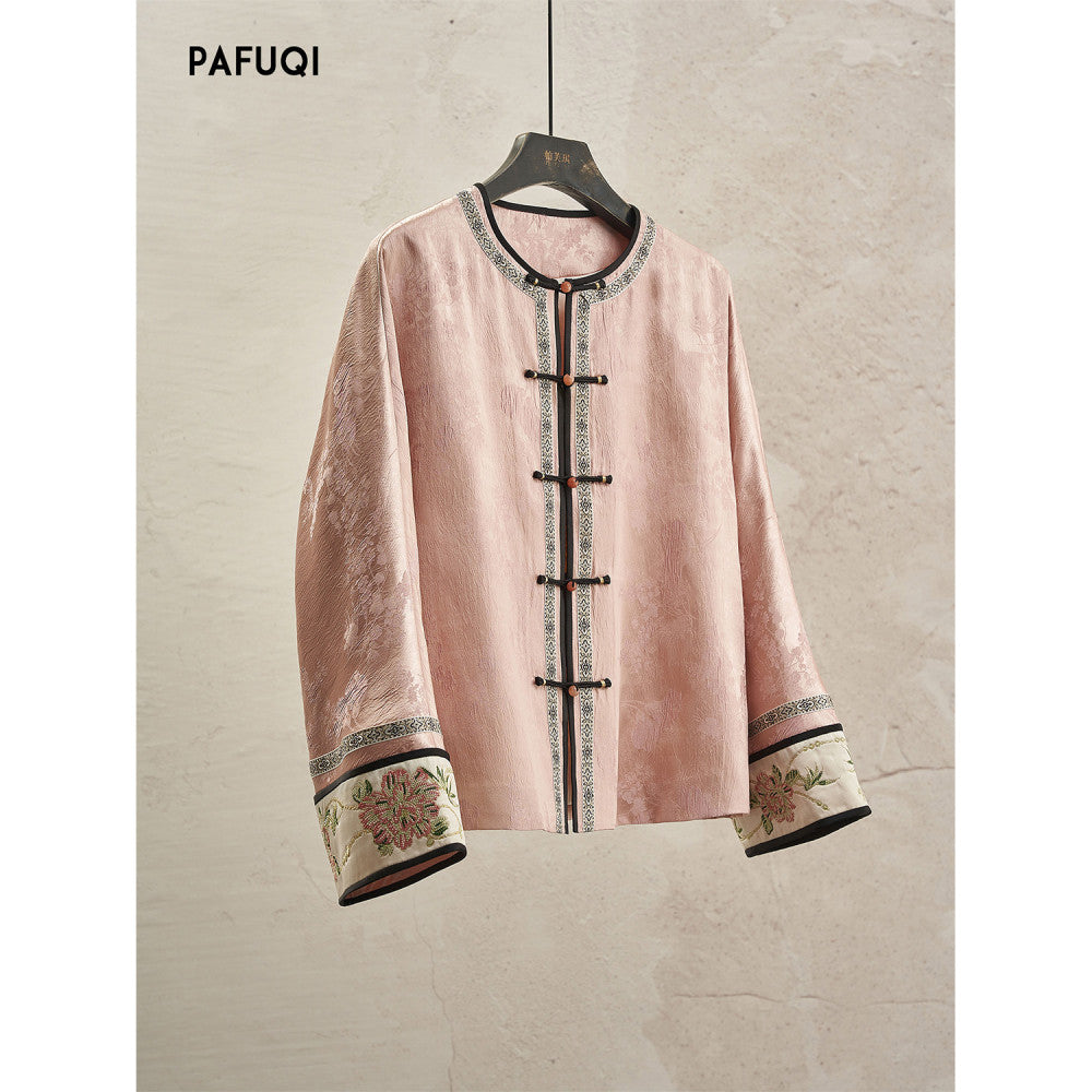 Gentle and elegant new Chinese style plate embroidery top blue satin plate buckle jacket high end Chinese style women s clothing 2025 new style image 18