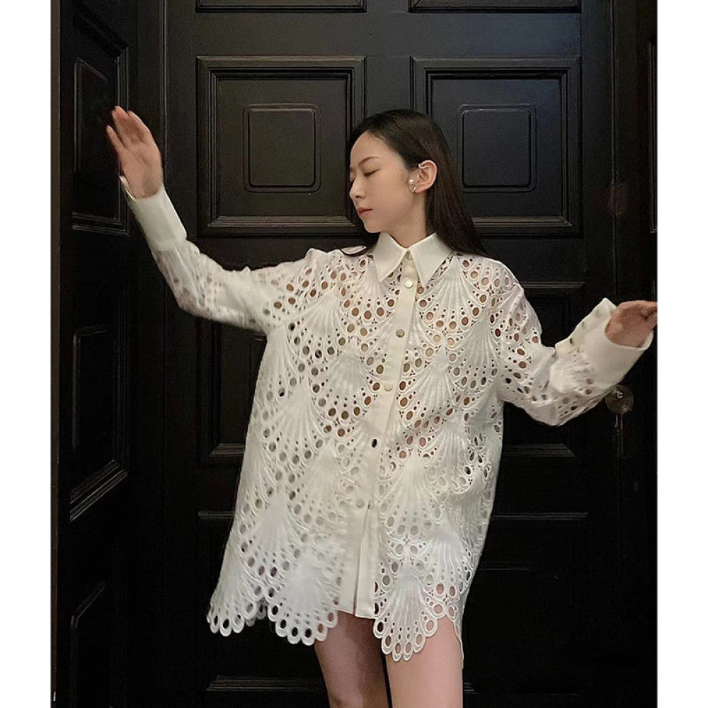 On the day of release Hong Kong style retro chic temperament white shirt for women autumn and winter hollow out loose mid length top image 2
