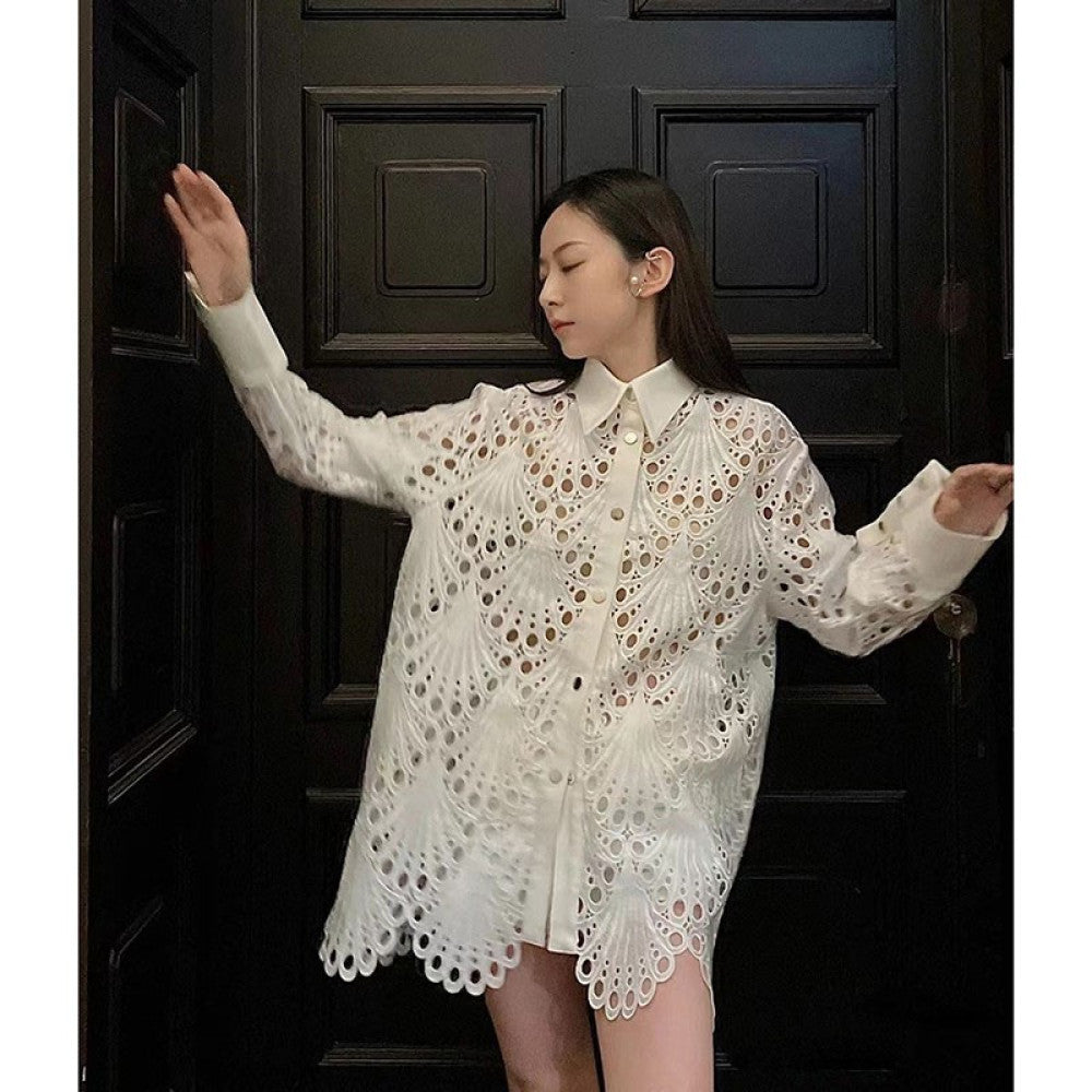 On the day of release Hong Kong style retro chic temperament white shirt for women autumn and winter hollow out loose mid length top image 10