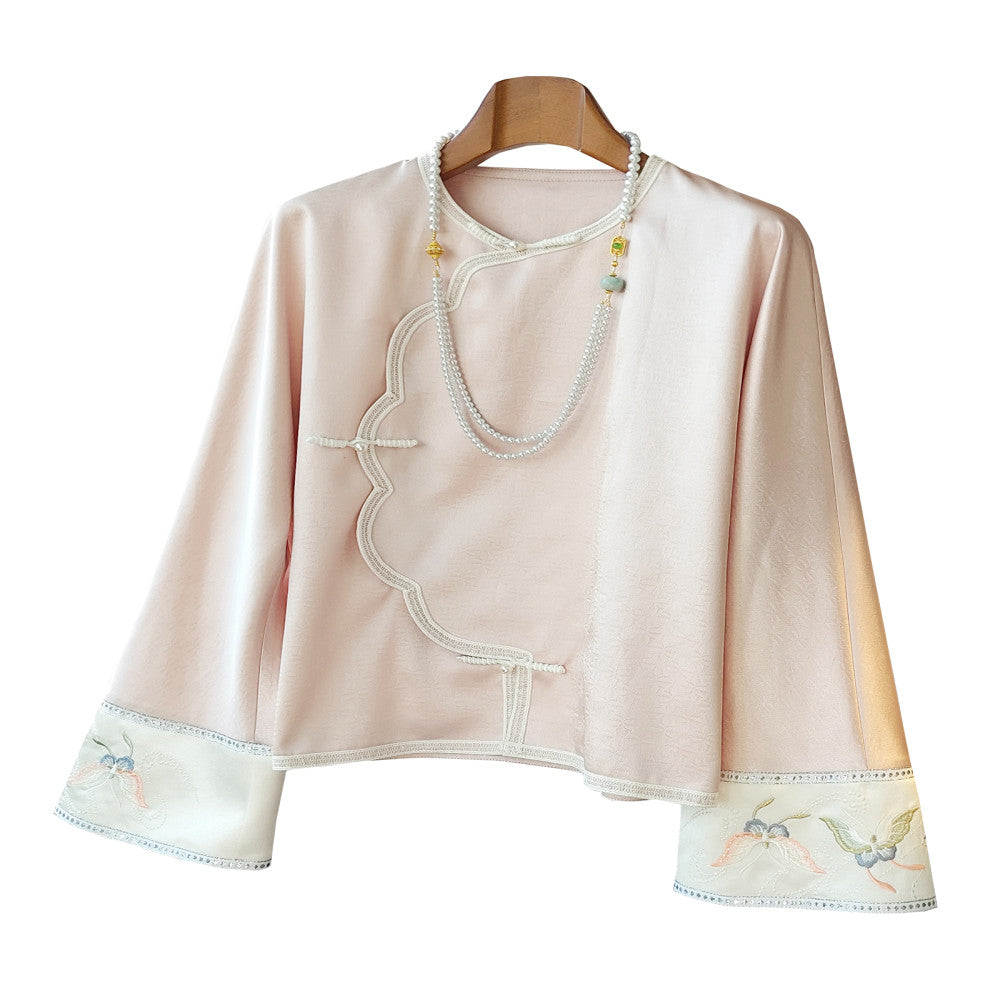 Chinese style buckle retro Han element top for women s spring clothing original design vinegar jacquard embroidered loose Chinese style shirt image 5