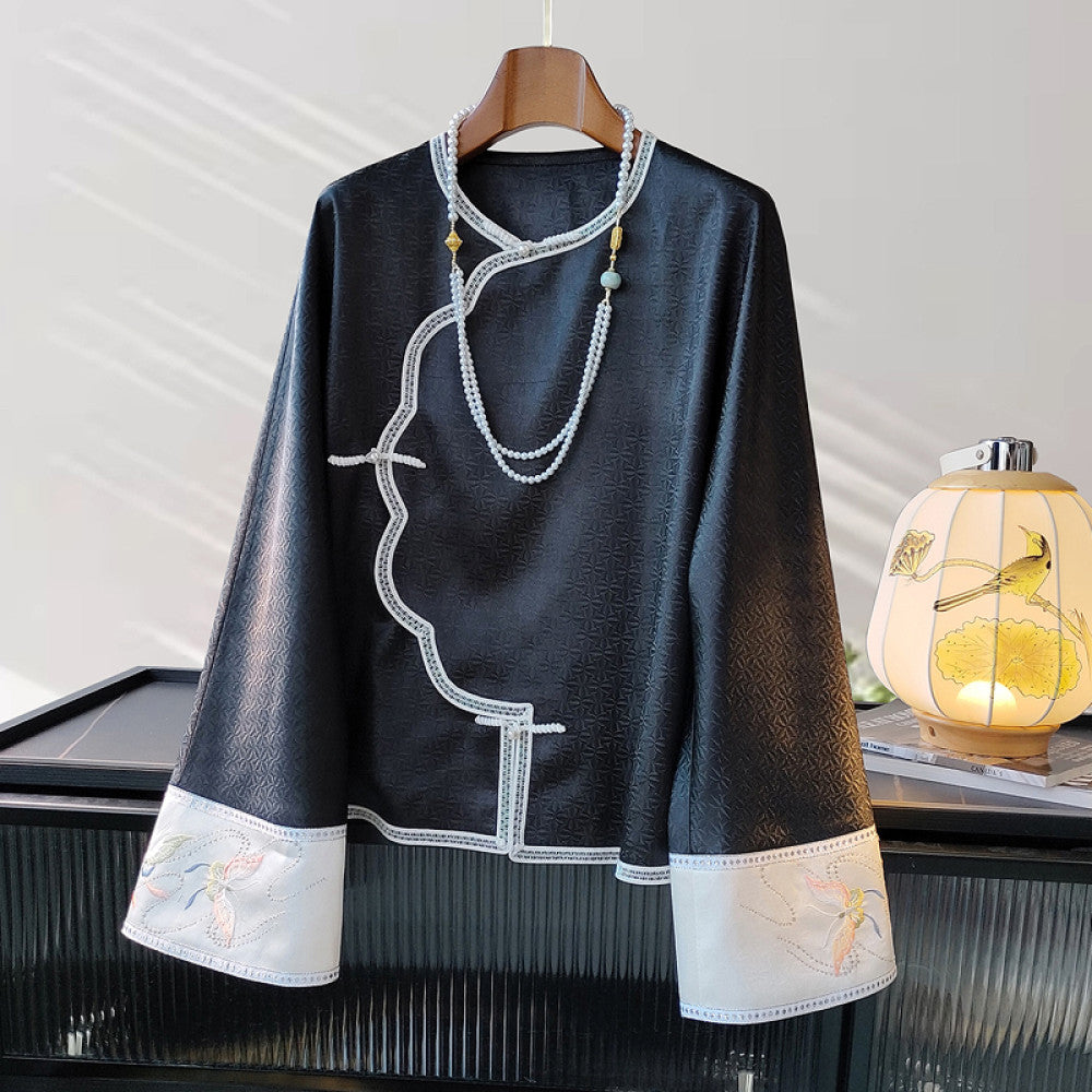 Chinese style buckle retro Han element top for women s spring clothing original design vinegar jacquard embroidered loose Chinese style shirt image 15