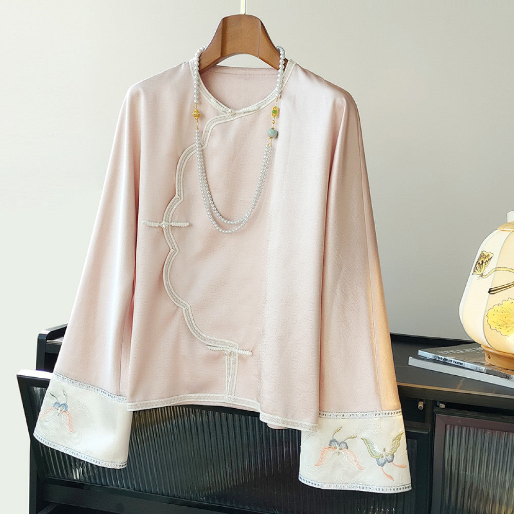 Chinese style buckle retro Han element top for women s spring clothing original design vinegar jacquard embroidered loose Chinese style shirt image 34