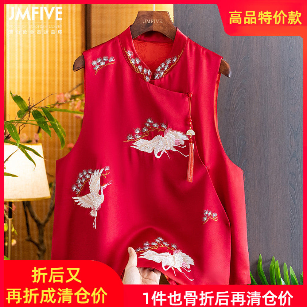 Retro Western style Red Acetate Vest for Women 2024 Autumn New Product Chinese Side Embroidered Hemp Vest for Women image 0