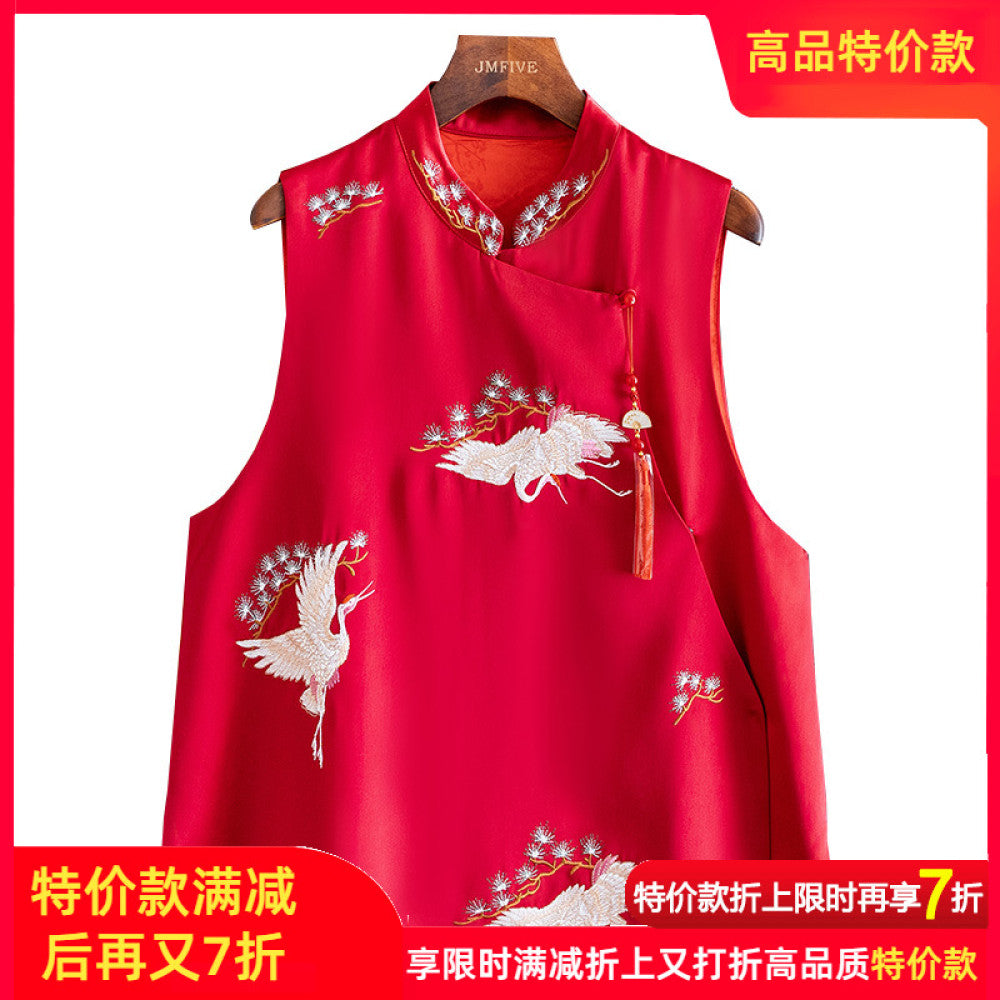 Retro Western style Red Acetate Vest for Women 2024 Autumn New Product Chinese Side Embroidered Hemp Vest for Women image 10