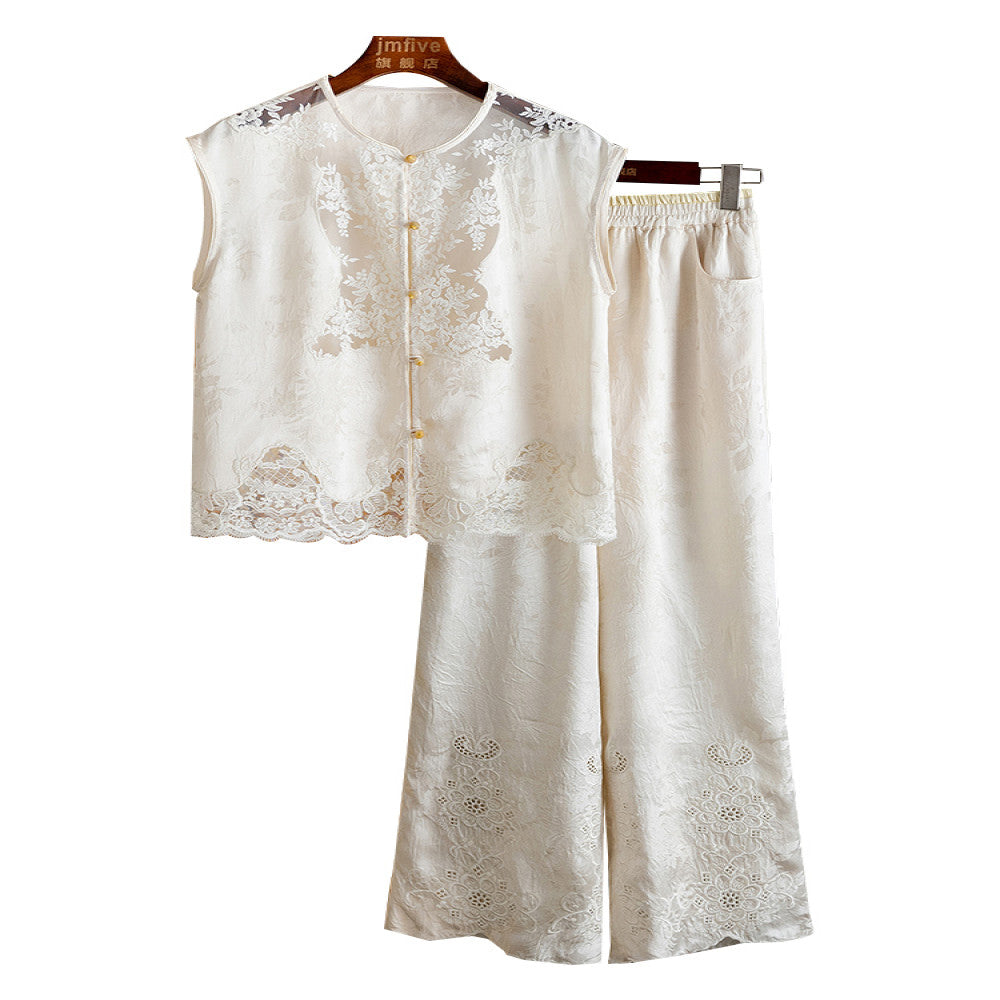 New Chinese style retro white vest pants two piece set 2025 summer new style age reducing chic suit for women image 5