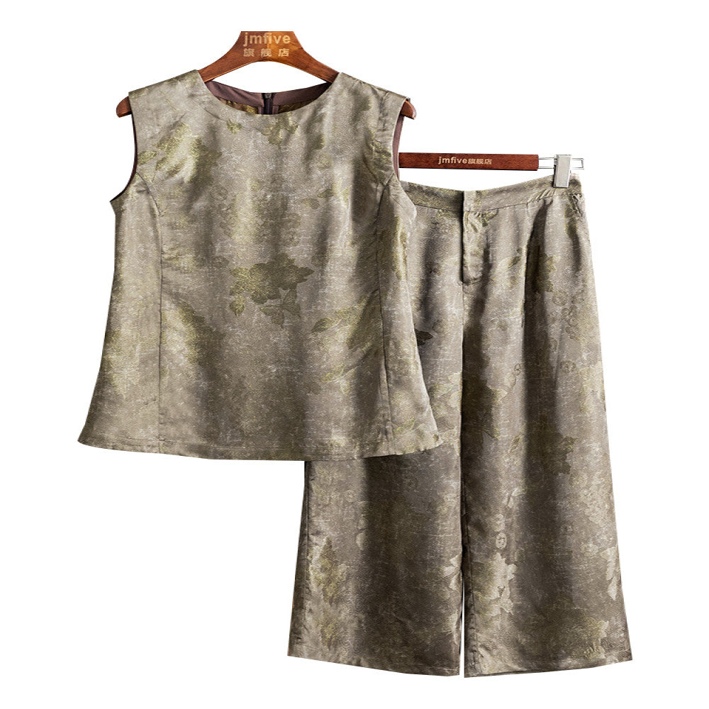 New Chinese style silk fragrant cloud yarn fashionable and elegant suit for women in summer 2025 retro style top wide leg pants image 5